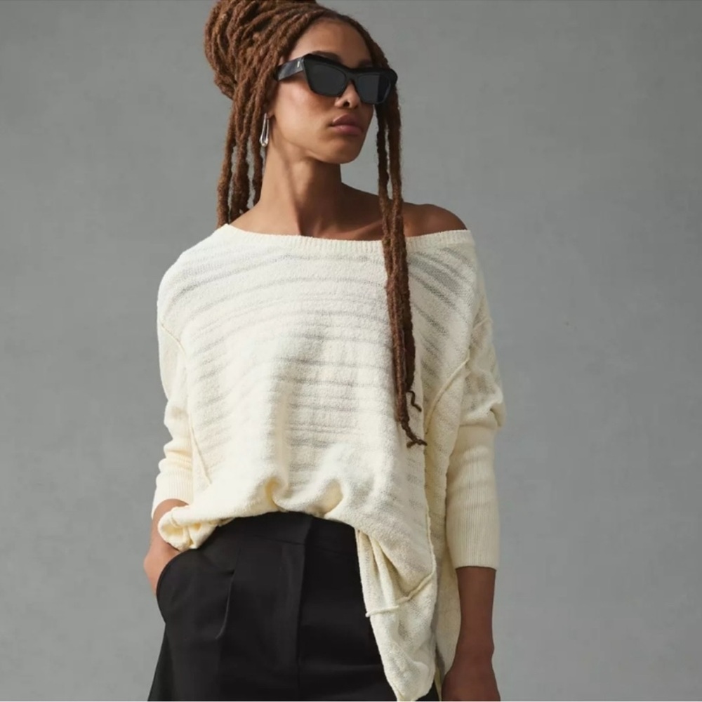 Anthropologie Pilcro Cream Textured Subtle Striped Oversized Knit Sweater Size M